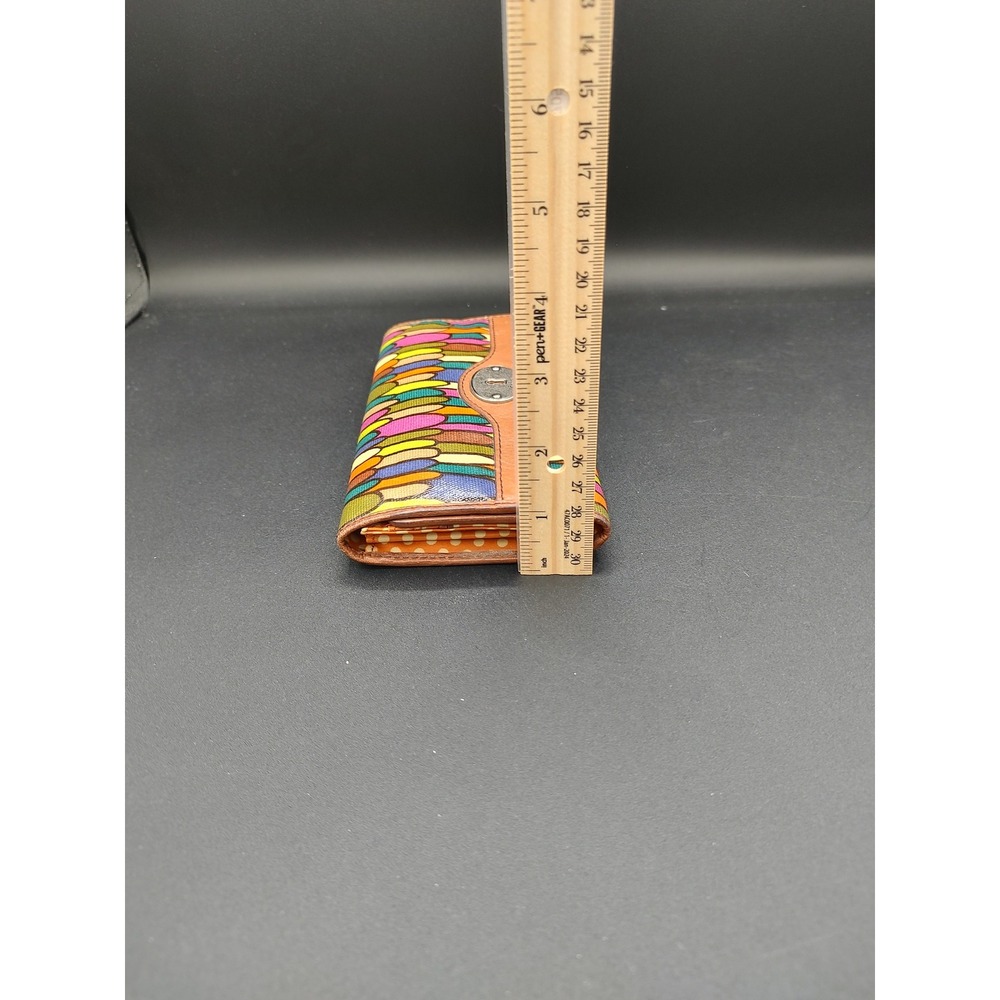 Fossil Key-Per Trifold Wallet Multicolor Abstract Teardrop Leather Trim Brown - Picture 7 of 11